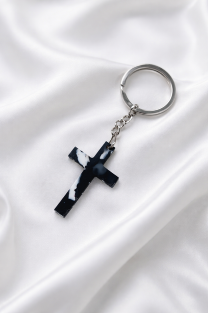 Recycled plastic cross keychain, cherry blossom/black and white collection, limited edition
