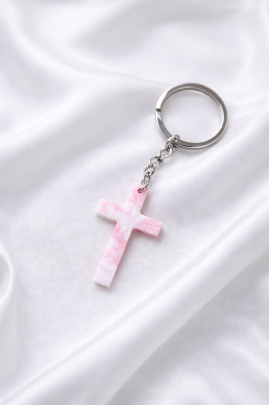 Recycled plastic cross keychain, cherry blossom/black and white collection, limited edition